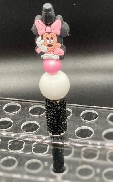 Beaded Black Rhinestone Pen - Pink Female Mouse - Pearl - Pink