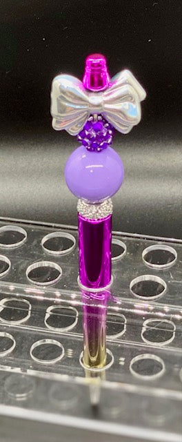 Beaded Purple Pen - Iridescent Bow - Purple - Rhinestone