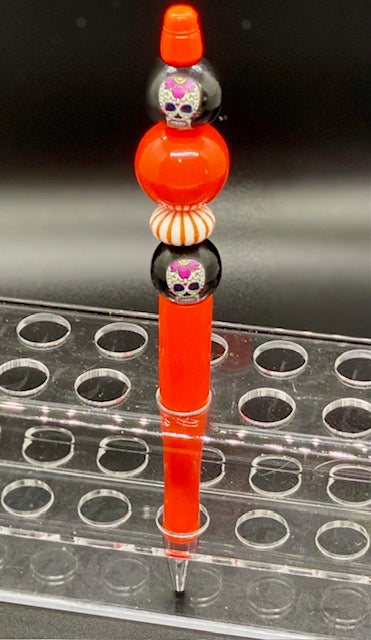 Beaded Orange Pen - Black Sugar Skull - Orange - Rhinestone