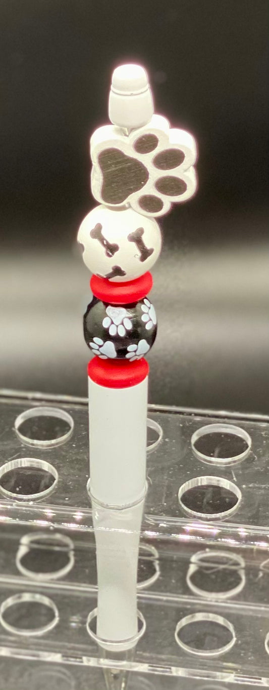 Beaded White Pen - Dog Paw - White - Black - Red