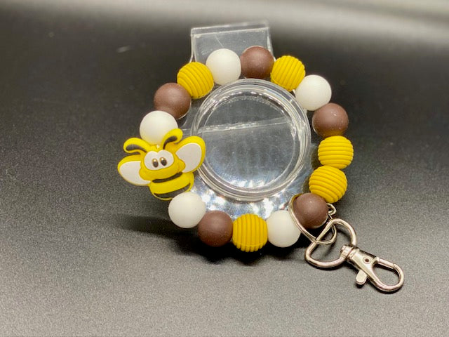 Beaded Wristlet Keychain - Bee Focal - Yellow - Brown - White Silicone Beads