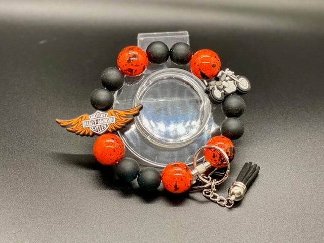 Beaded Wristlet Keychain - Orange Wing and Black Motorcycle Focal - Orange - Black Silicone Beads - Black Tassel