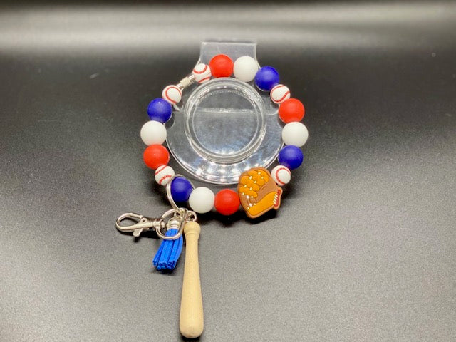 Beaded Wristlet Keychain -  Baseball - Red - White - Blue - Baseball Glove focal - Baseball Bat Charm - Tassel