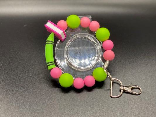 Beaded Wristlet Keychain - Lime Green Crayon Focal - Pink - Lime Green Silicone Beads