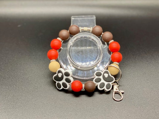 Beaded Wristlet Keychain - Dog Paw Focal - Orange - Brown - Tan Silicone Beads - Rhinestone Spacers