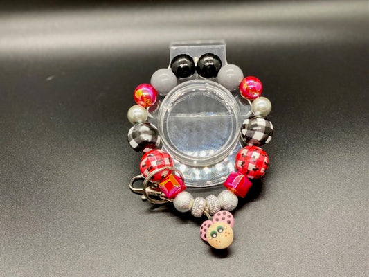 Beaded Wristlet Keychain - Polymer Lady Bug Charm - Black - White - Silver - Black and White Plaid - Red and White Plaid with Ants - Pink Iridescent Metallic Acrylic Beads