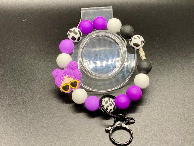 Beaded Wristlet Keychain - Purple Hair Lady Focal - Purple - White - Animal Print - Black Silicone Beads