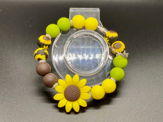 Beaded Wristlet Keychain - Sunflower Focal - Yellow - Brown - Lime Green - Sunflower Silicone Beads