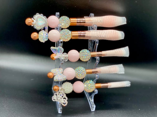 Beaded Make Up Brush Set of 5 - Pink - Rose Gold - Rhinestone Acrylic Iridescent Beads