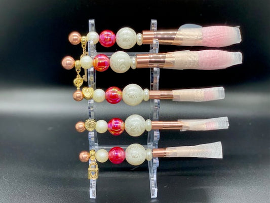 Beaded Make Up Brush Set of 5 - Metallic Pink - Golden Charms - Iridescent Acrylic Beads