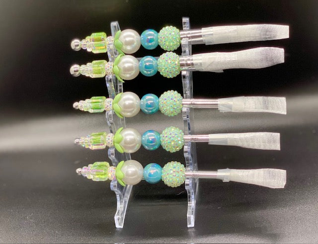 Beaded Make Up Brush Set of 5 - Green Perfume Bottle - Blue - Green - Iridescent Acrylic Beads