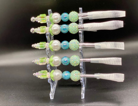 Beaded Make Up Brush Set of 5 - Green Perfume Bottle - Blue - Green - Iridescent Acrylic Beads