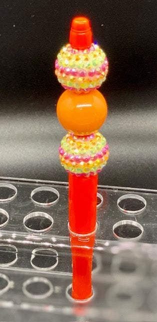 Beaded Orange Pen - Multi Color Iridescent Rhinestone - Orange