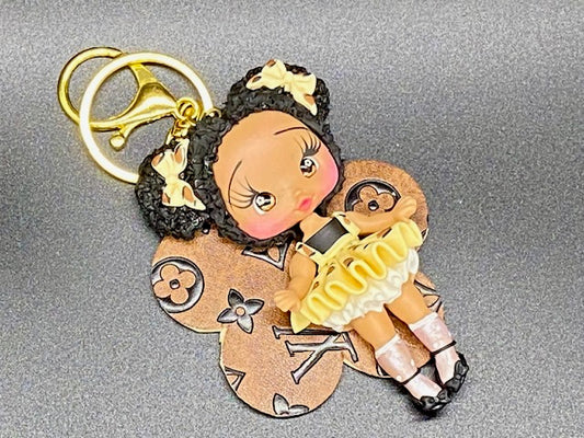 Polymer Doll Keychain - Brown Skin Doll - Brown Faux Leather Flower - Golden Keychain