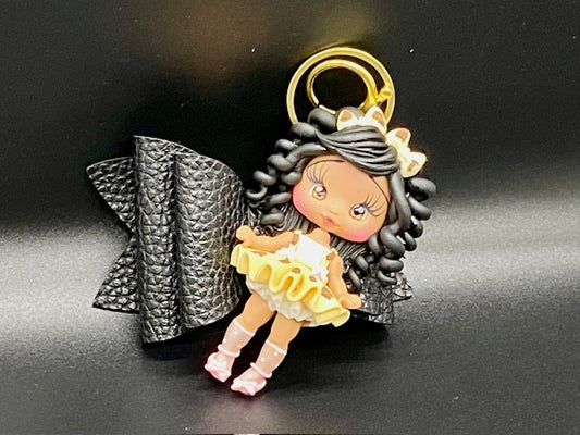 Polymer Brown Skin Doll Keychain - Black Faux Leather Bow - Golden Keychain