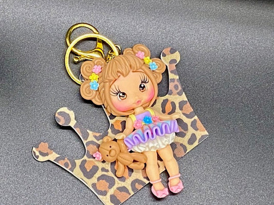 Polymer Peach Skin Doll with Pink Blue and Purple Dress - Animal Faux Leather Crown - Golden Keychain