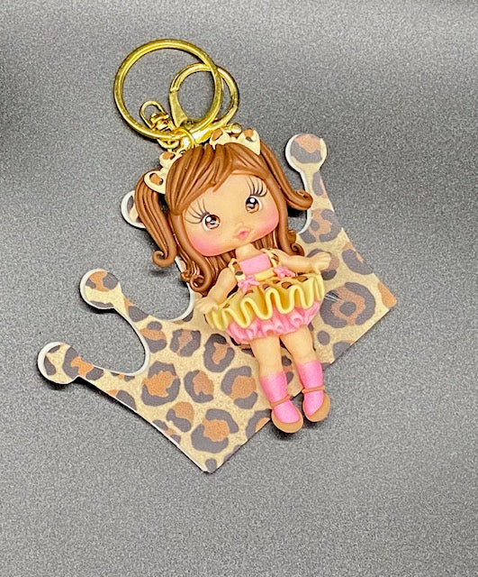 Polymer Peach Skin Doll with Animal Print Dress Keychain - Animal Print Faux Leather Crown - Golden Keychain