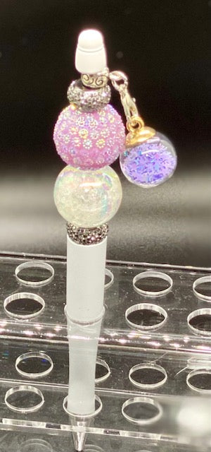 Beaded White Pen - Purple Confetti Ball Charm - Iridescent Purple - Cream Crackle - Rhinestone