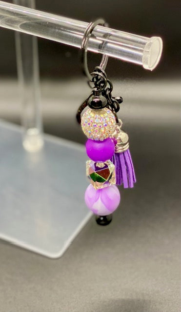 Beaded Keychain - Purple Iridescent - Purple Marble - Purple Tassel