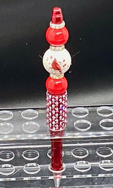 Beaded Red Rhinestone Pen - Red Cardinal Bird - Red