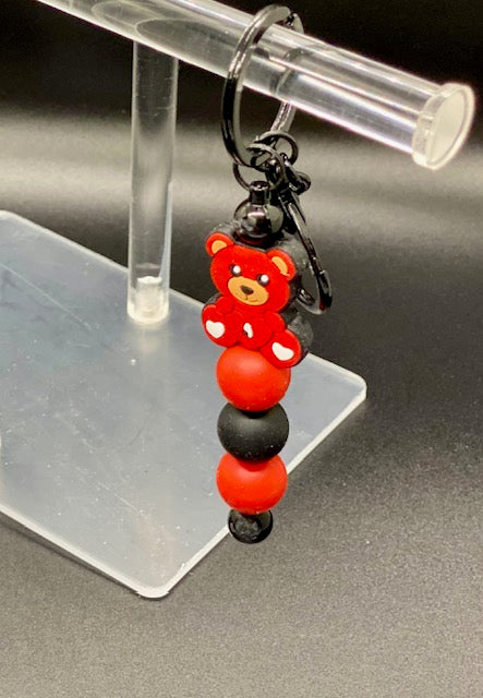 Beaded Keychain - Red Teddy Bear - Red - Black