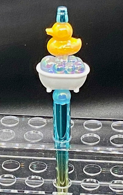 Beaded Blue Ombre Pen - Yellow Duck - Iridescent Bubbles - White Tub