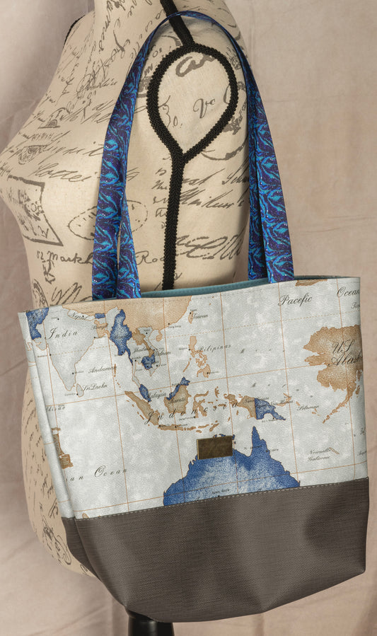 Tuesday Tote - Blue - Map - World Traveler - Medium